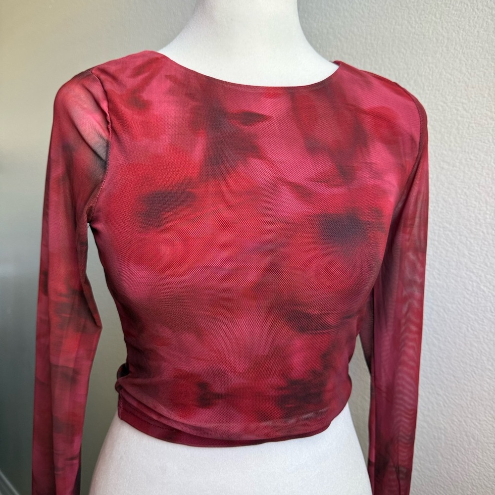 Princess Polly Red Mesh Tie-Dye Long Sleeve Crop Top